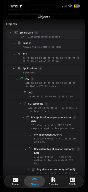 HSPD-12 Reader expanded object tree showing PIV application data
