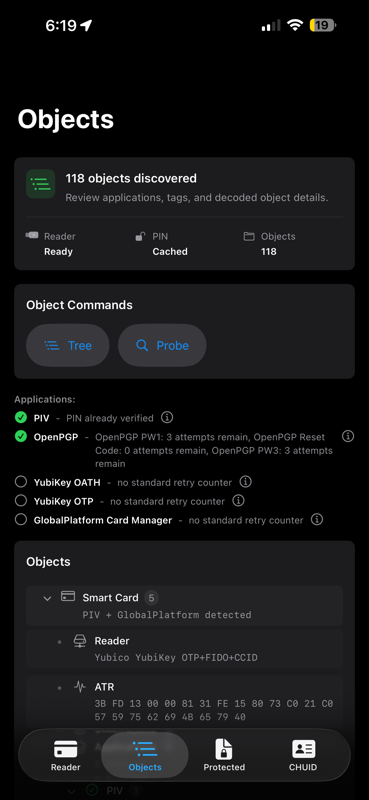 HSPD-12 Reader Objects screen showing discovered applications, tags, and object commands