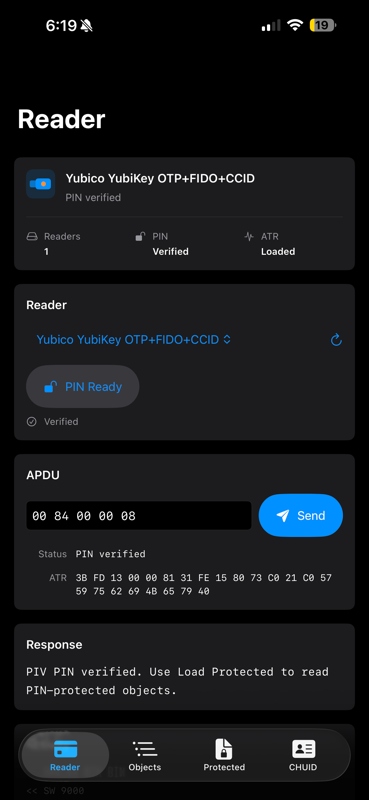 HSPD-12 Reader screen showing a YubiKey connection and APDU response